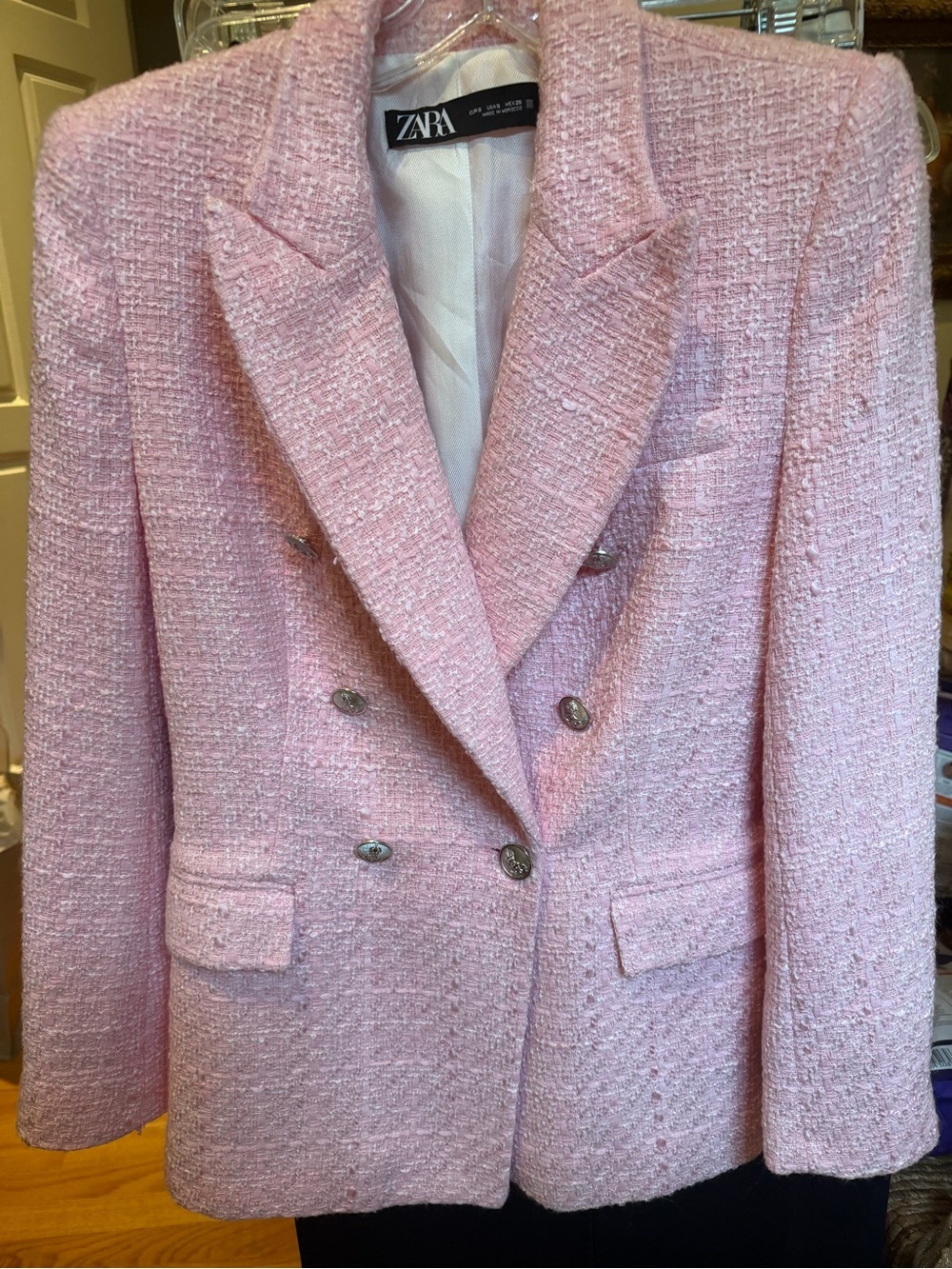Zara Light Pink Tweed Double-Breasted Blazer